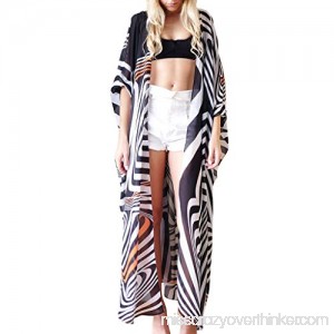 RingBuu Swimsuit Cover Up Women Summer 3 4 Sleeves Open Front Swimsuit Cover Up Boho Color Block Zebra Stripes Printed Long Kimono Cardigan Belted Ankle Length Maxi Beach Dress